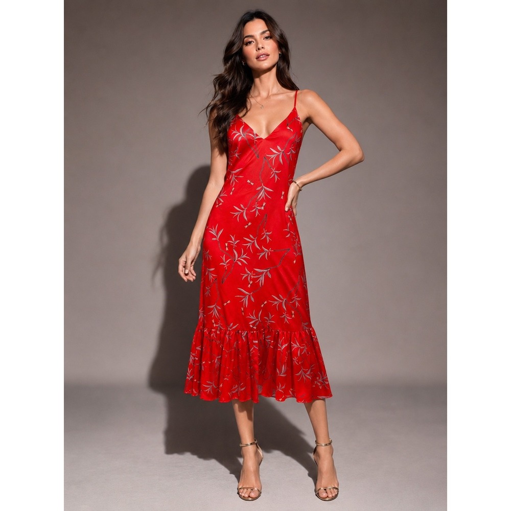 Borgo De Nor Red Floral Dragonfly Print Slip Midi Dress Ruffle Hem Size 10 NWOT